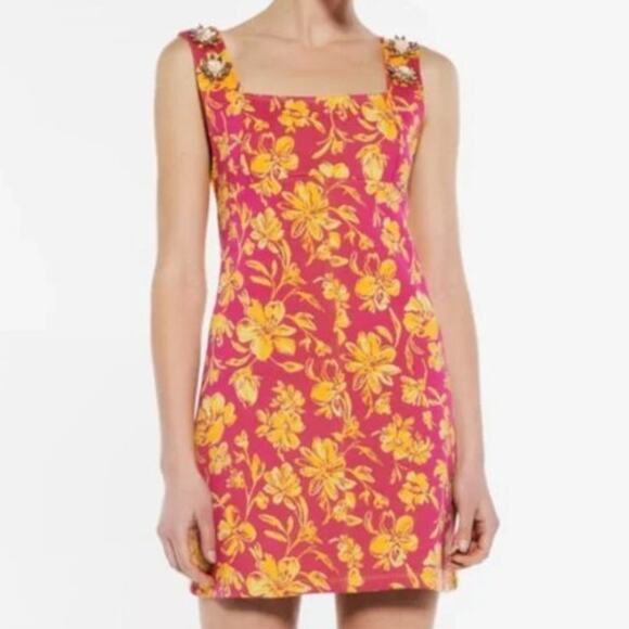 Zara Pink and Orange Floral Print Jaquard Dress with Jewel Accents Medium - Picture 1 of 8